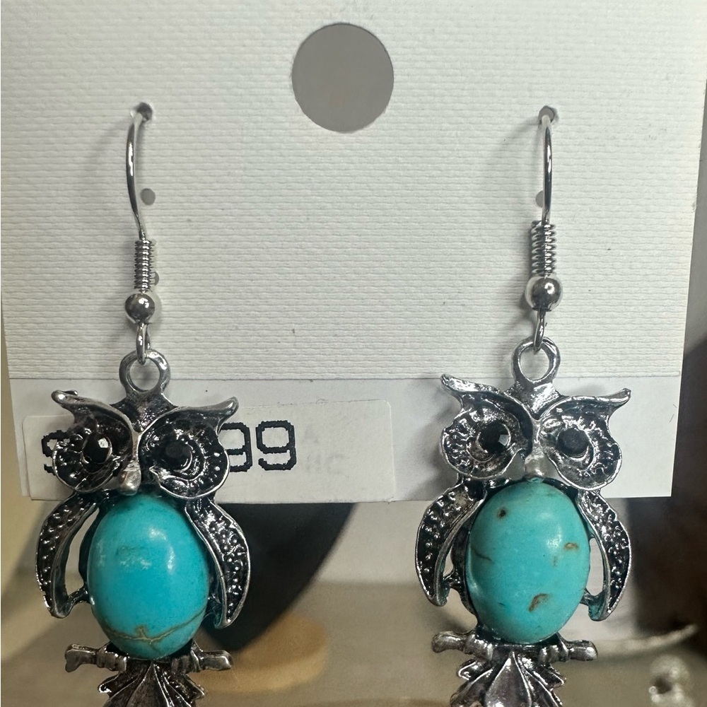 Charter Club Owl Drop Earrings – Turquoise-Style Stones, Silver Tone - Picture 2 of 5